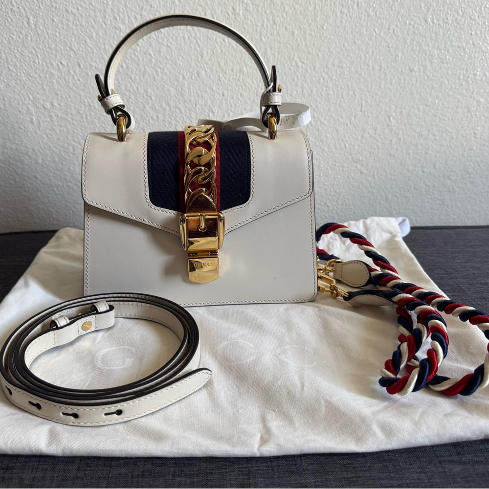 Gucci White Leather Top Handle Satchel with Navy-Red Web & Gold Hardware